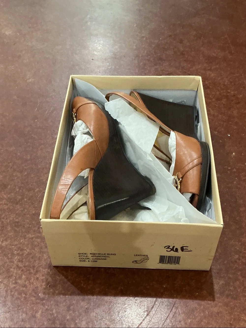 Michael Kors Brown Leather Peep-Toe Slingback Wedges with Gold MK Emblem